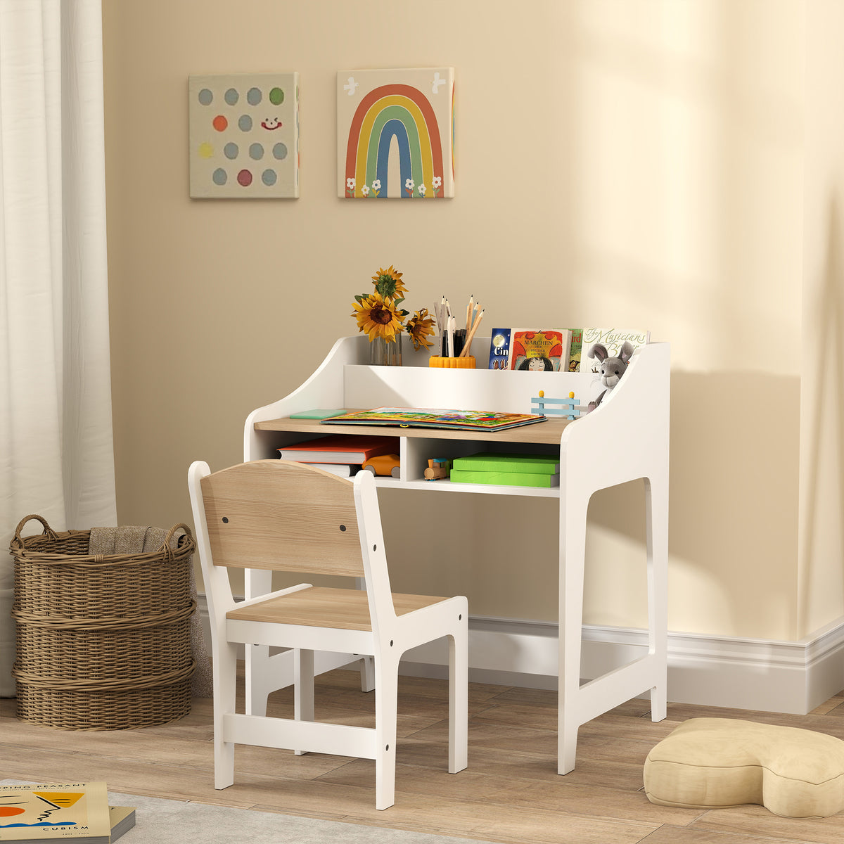 AIYAPLAY Kids Desk And Chair Set, Children Study Table With Storage, Natural