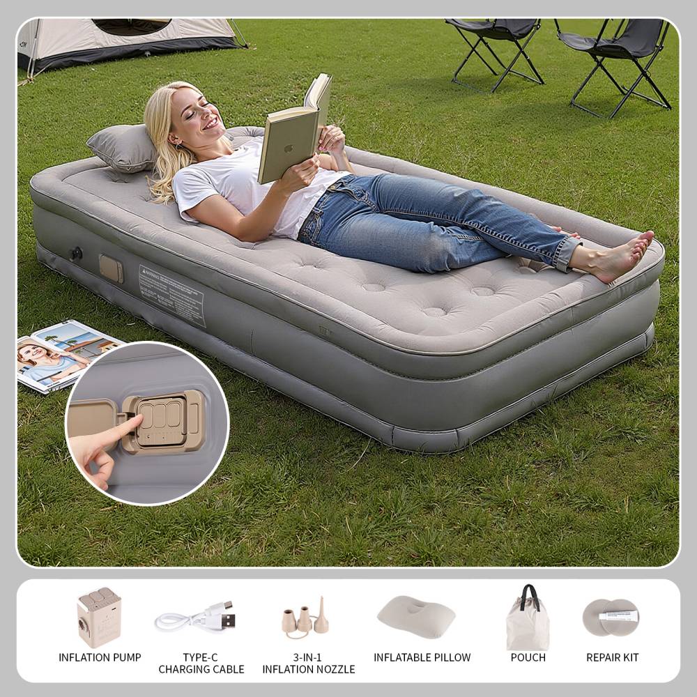 Raised Inflatable Airbed Mattress With Built-in Pump – Includes Pillows | Single