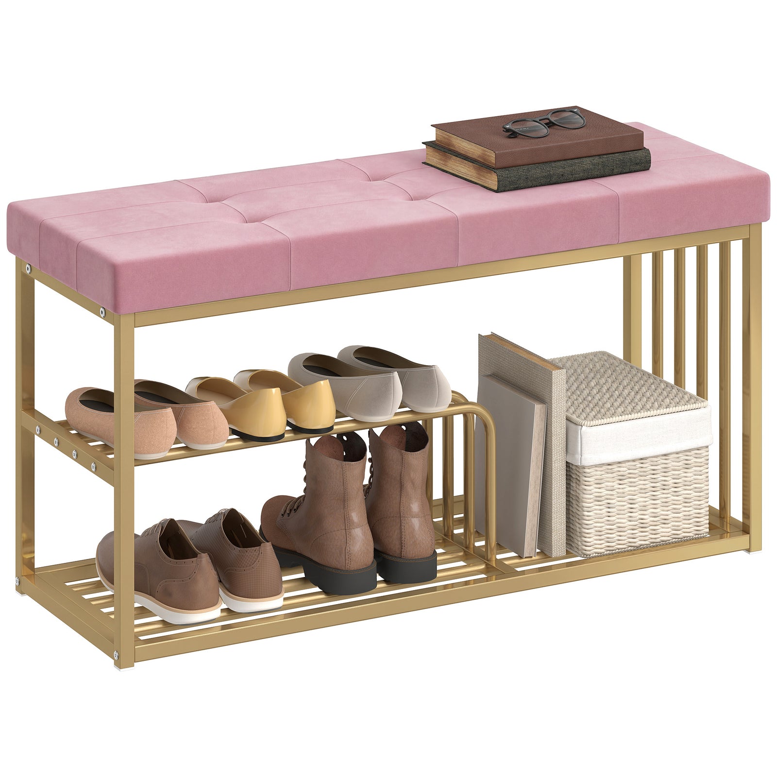 Shoe Storage Bench With Seat Cushion Tufted Shoe Rack Bench | Pink
