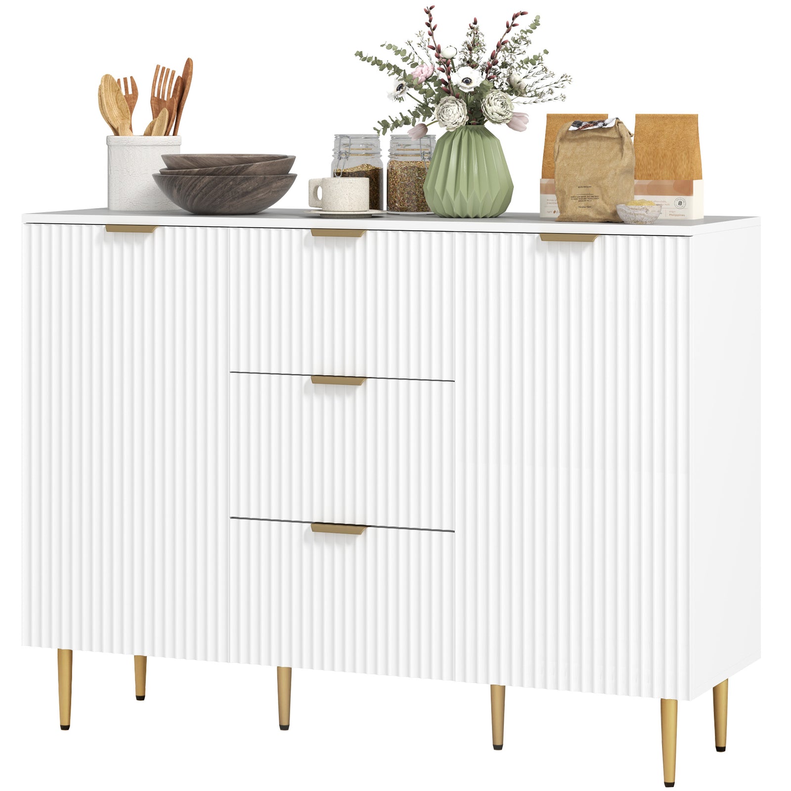 Sideboard Buffet Cabinet W/ 3 Drawers And Adjustable Shelves