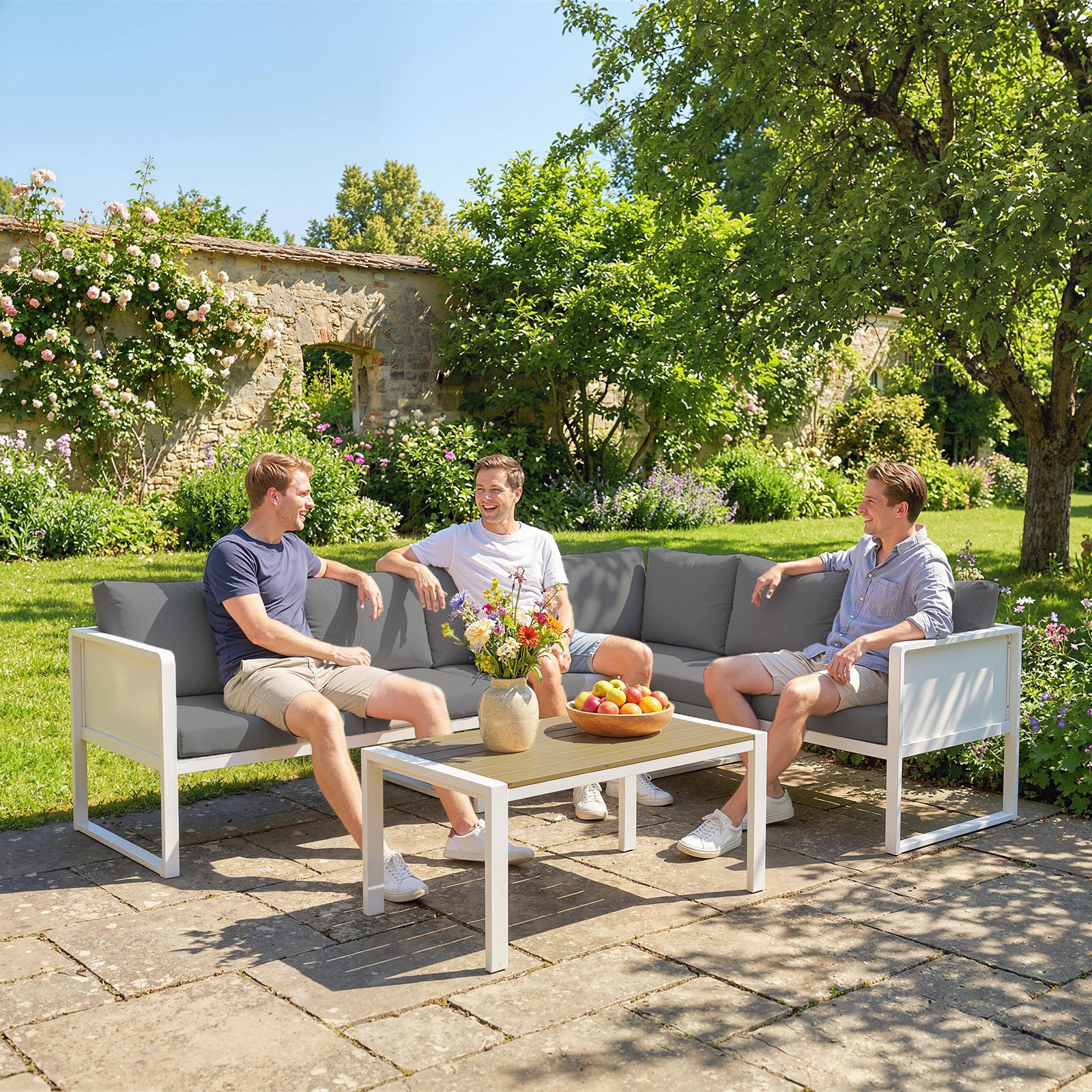 6 Seater Metal Garden Furniture Corner Sofa Set | White