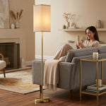 Floor Lamp, Modern Standing Lamp With Linen Shade, Gold Tone