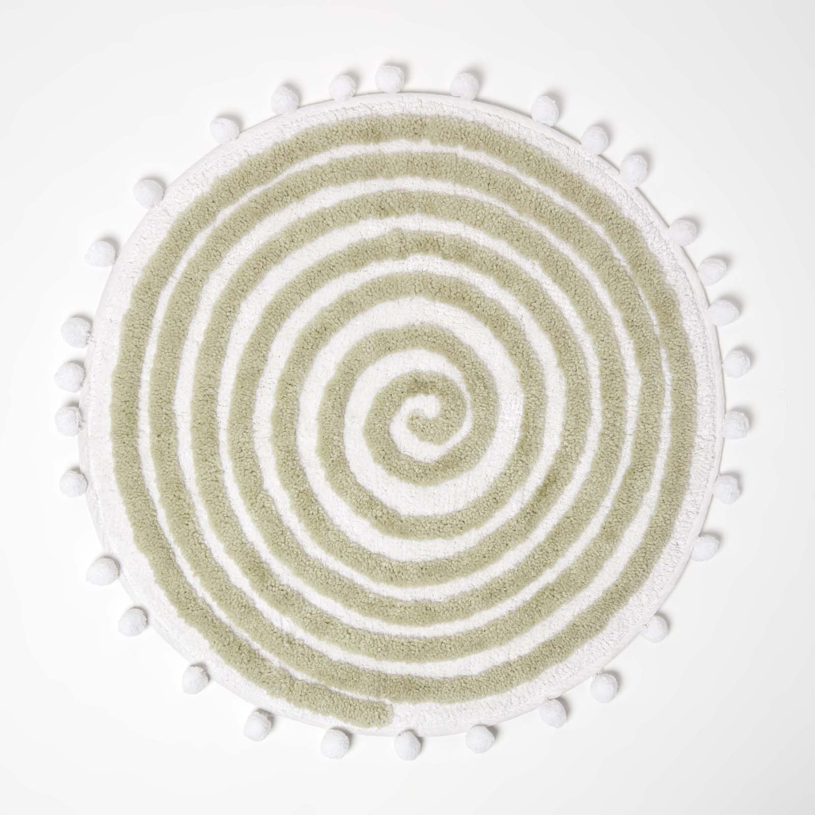 Spiral Cotton Round Bath Mat With Pom Pom Edges | 60cm | Sage Green