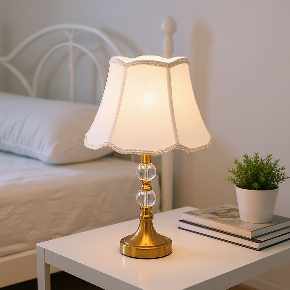 Gold & White Led Table Lamp With Crystal Accents – Wavy Fabric Shade, Adjustable Colour Temperature