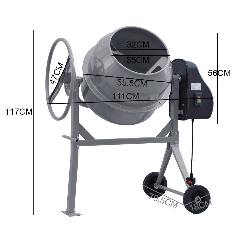 120l 450w Electric Cement Mixer,steel Concrete Mixer With 2 Wheels, 33–34rpm | Grey