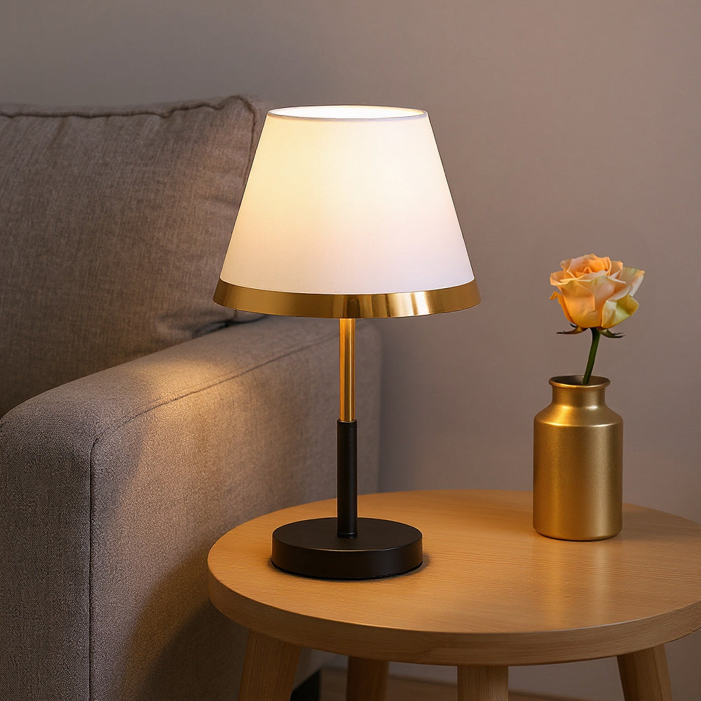 White & Gold Led Table Lamp With Cone Shade – Adjustable Colour Temperature, Push-button Control