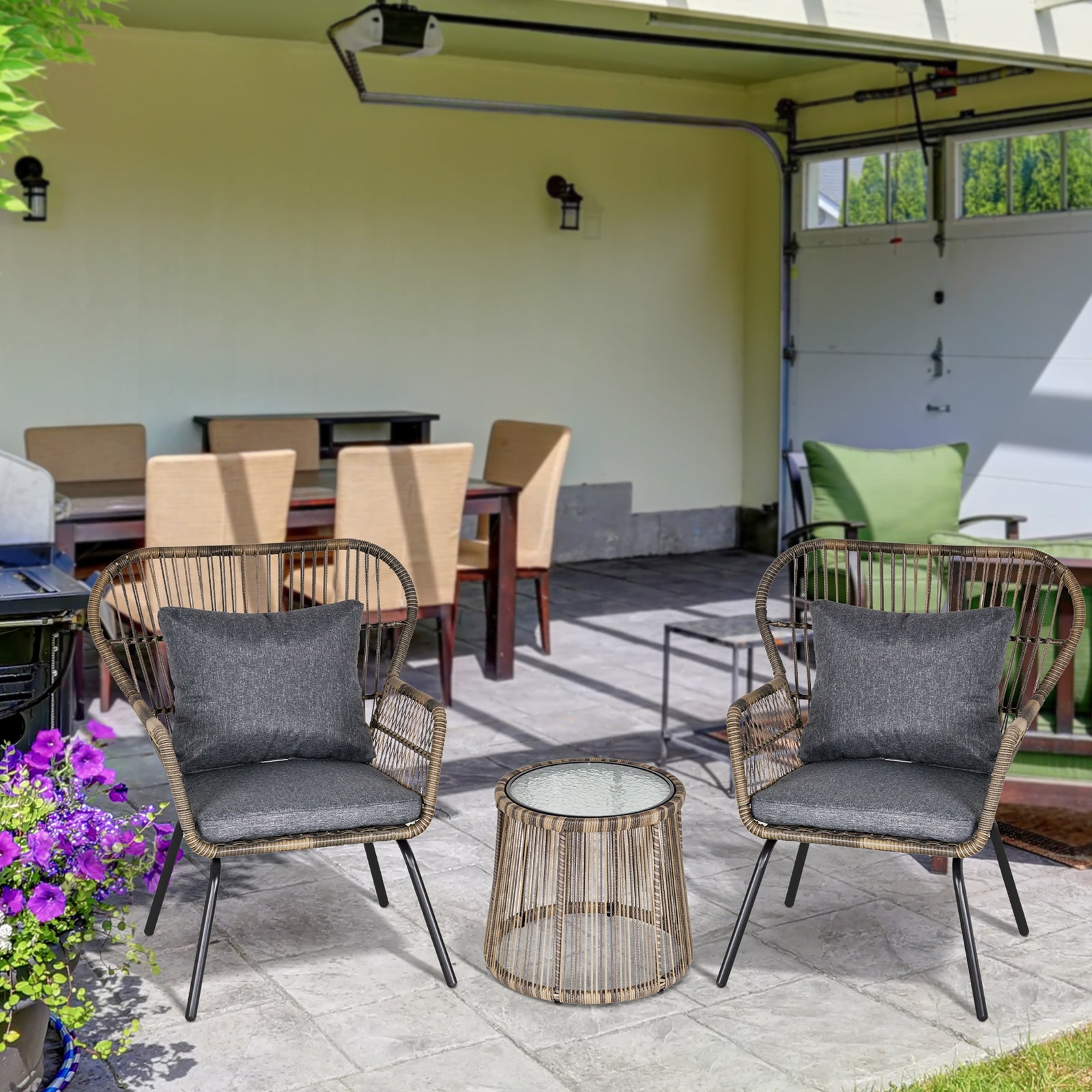 3 Pcs Webbed Pe Rattan Outdoor Patio Set W/ Cushions | Gray