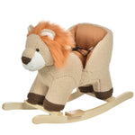 Kids Rocking Lion Plush Ride On Seat W/ Sound Button Wood Base Seat Belt