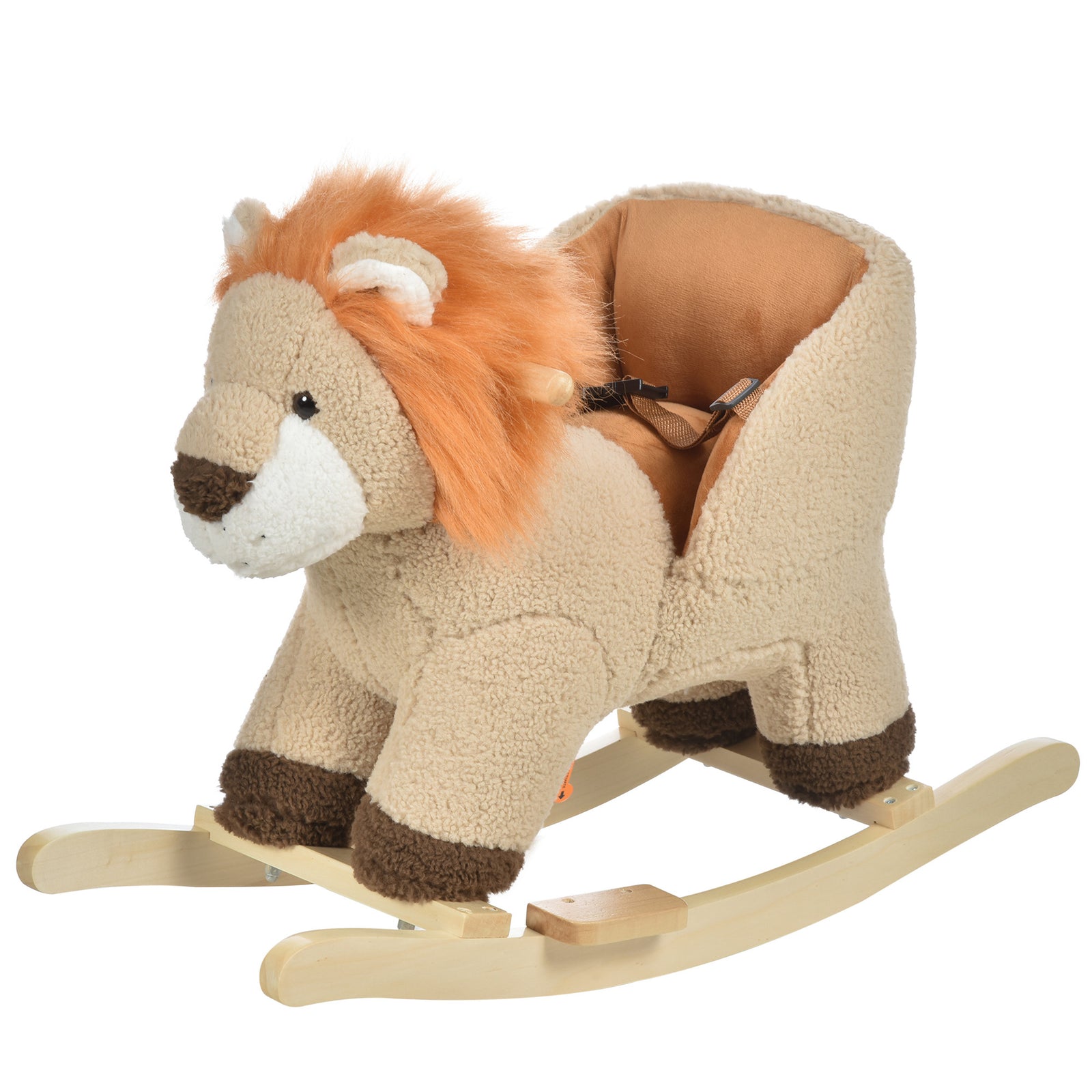Kids Rocking Lion Plush Ride On Seat W/ Sound Button Wood Base Seat Belt