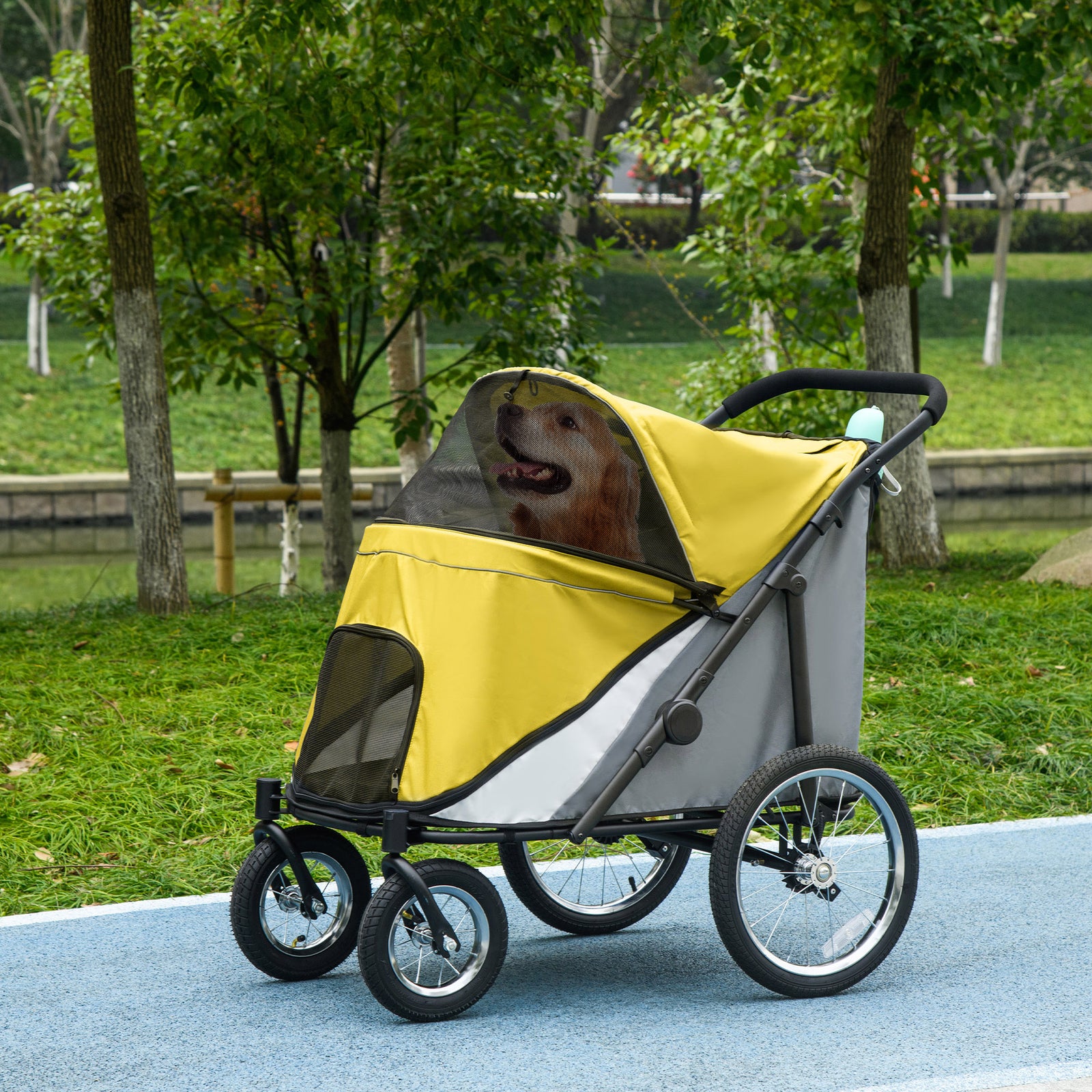 Foldable Pet Stroller With Cushion, For M, L Dogs | Yellow