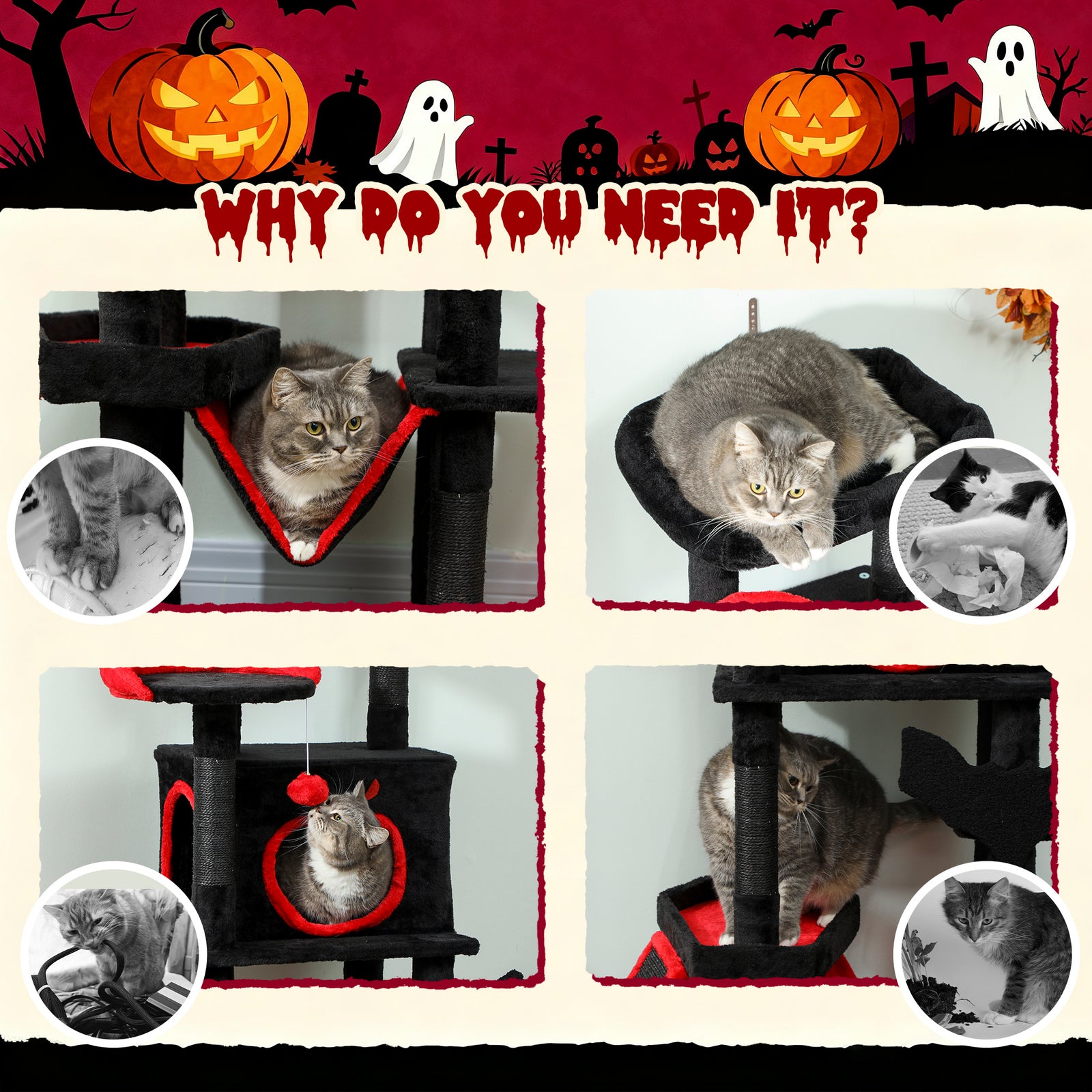 152cm Gothic Cat Tree For Halloween With Coffin Bed, Large Condo