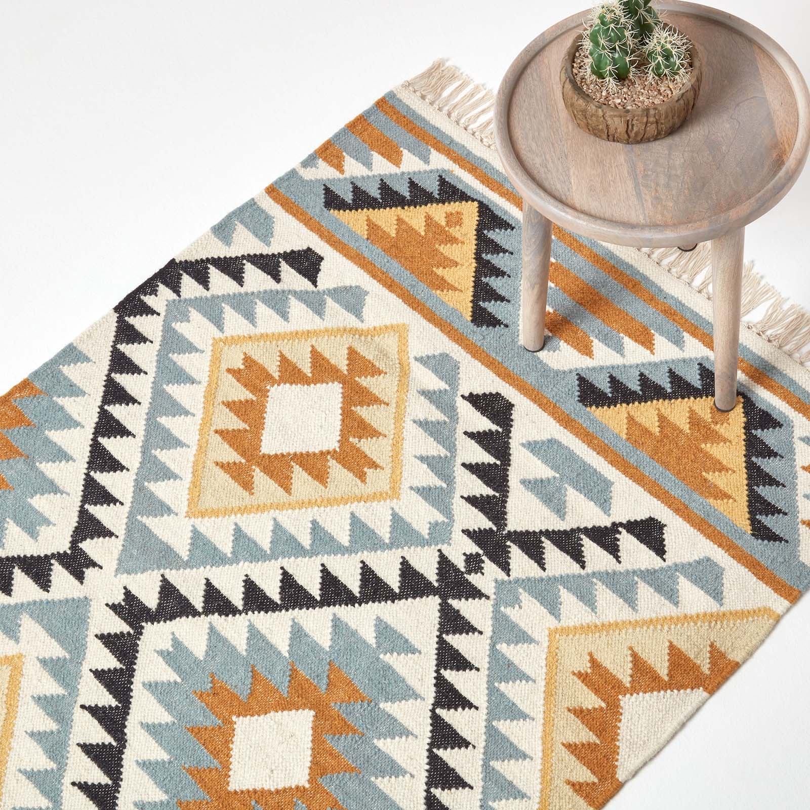 Agra Handwoven Diamond Kilim Wool Rug | 150cm x 220cm | Yellow & Black