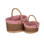 Red Checked Lined Country Oval Wicker Shopping Basket | Set-of-2