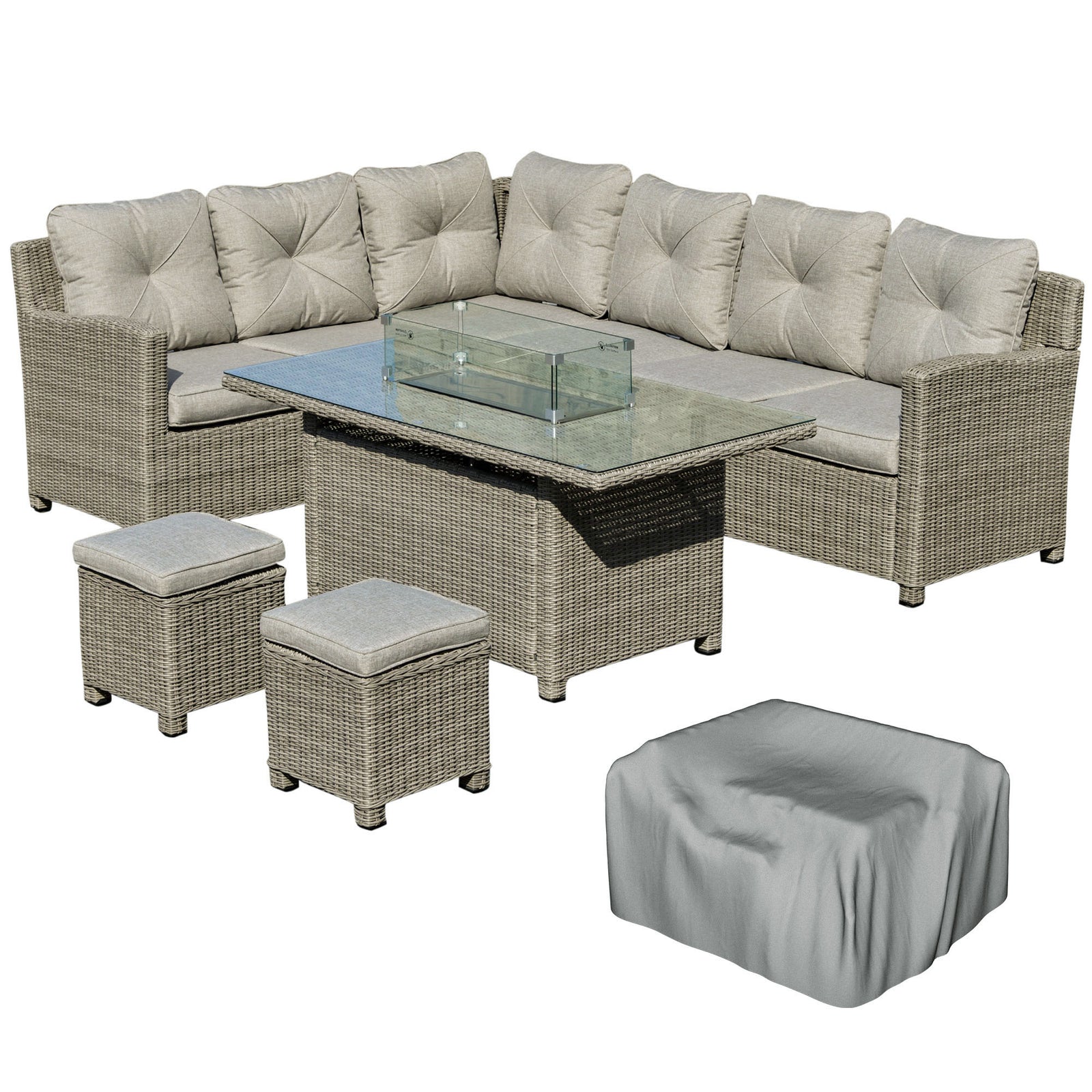 5 Pcs Rattan Corner Dining Set W/ Fire Pit Table