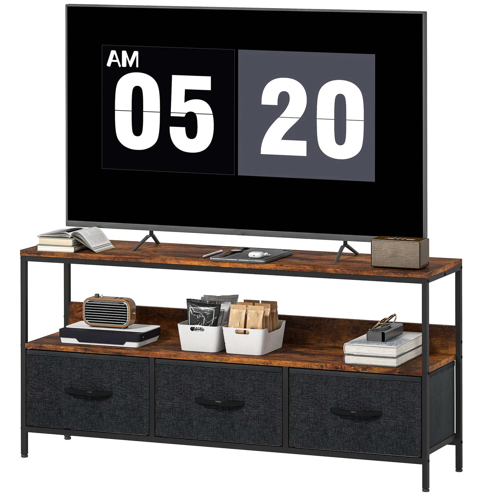 Tv Cabinet, Tv Console Unit With 3 Foldable Linen Drawers | Brown
