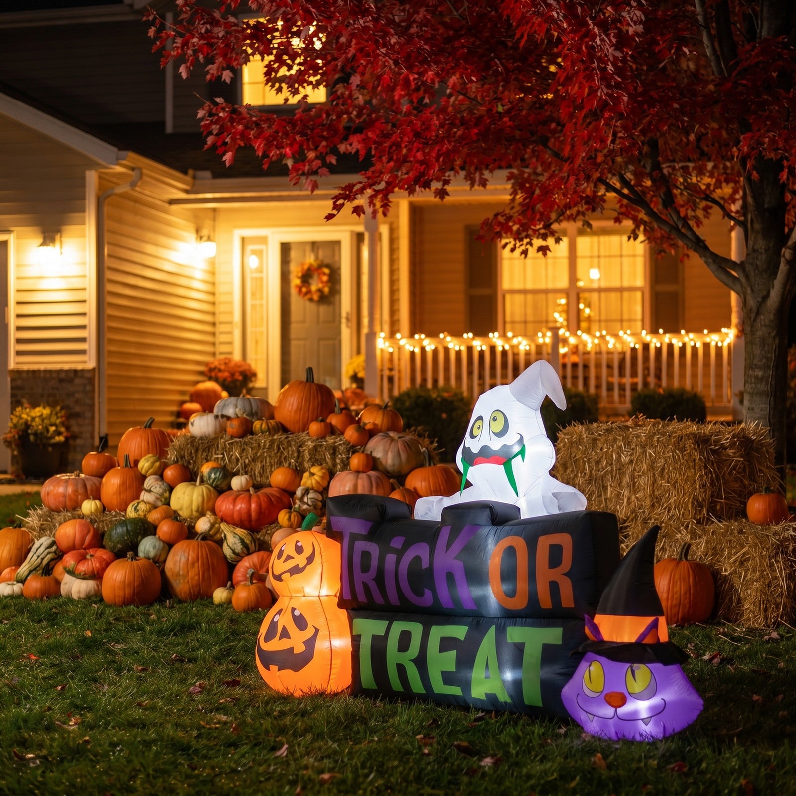 Breeins 5.3ft Halloween Inflatable Pumpkin Ghost Cat Decoration With Built-in Lights