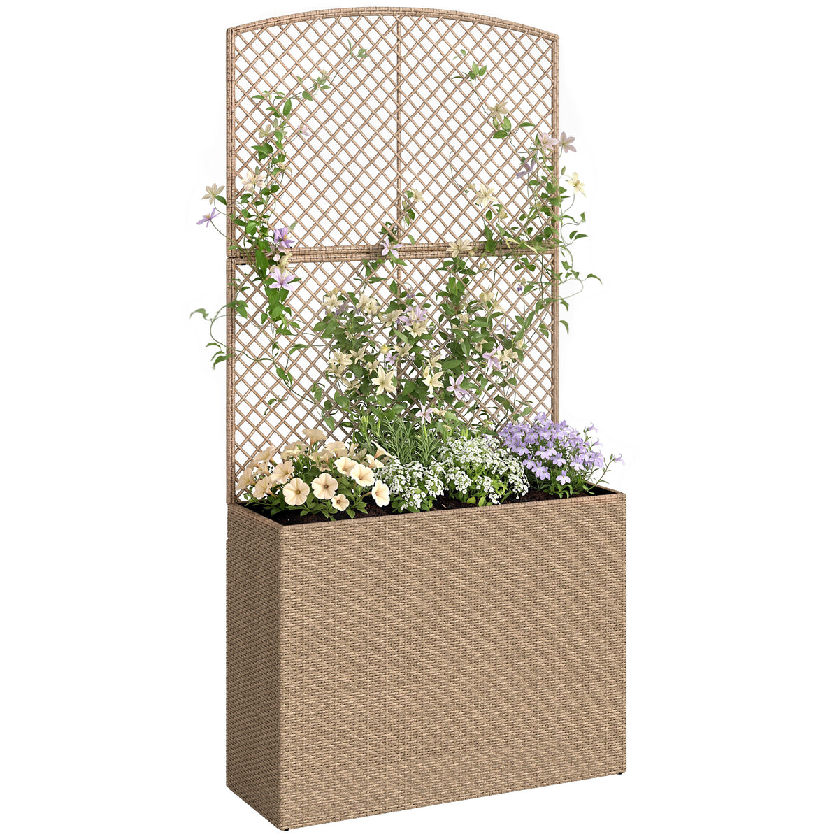 Outsunny Rattan Garden Planter With Trellis And Liner, Light Grey