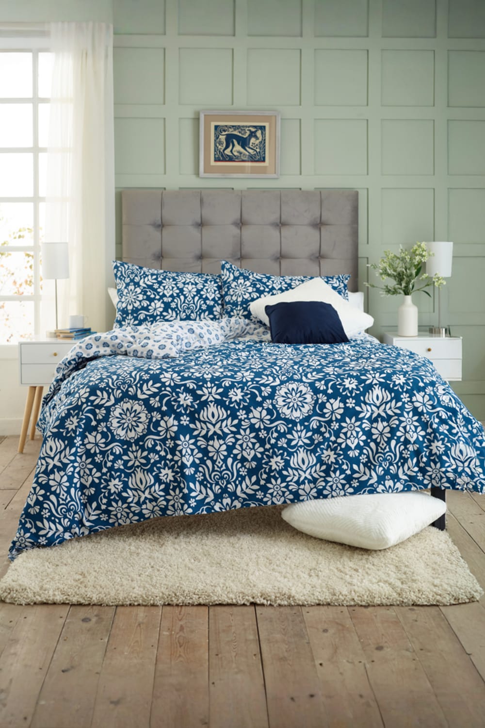 Ornamental Tile Floral 100% Cotton Duvet Cover Set - Soft Decorative Bedding | Double | Blue