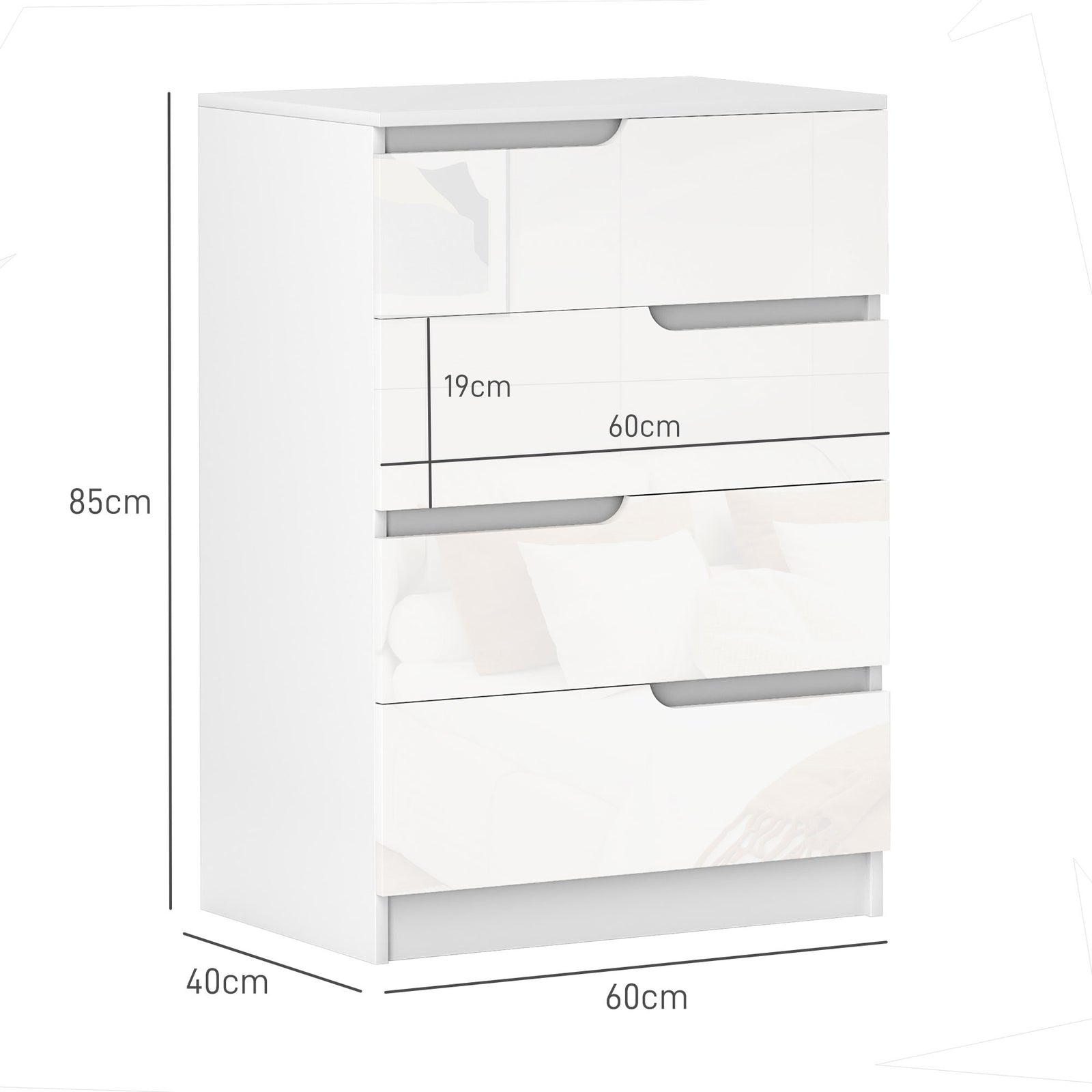 4 Drawer Chest Of Drawers For Bedroom, 60 X 40 X 85cm, White