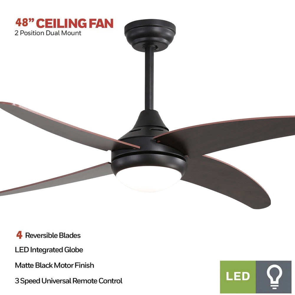48 Inch Dark Brown Ceiling Fan With Lights And Remote Modern 4 Blade Black Fan