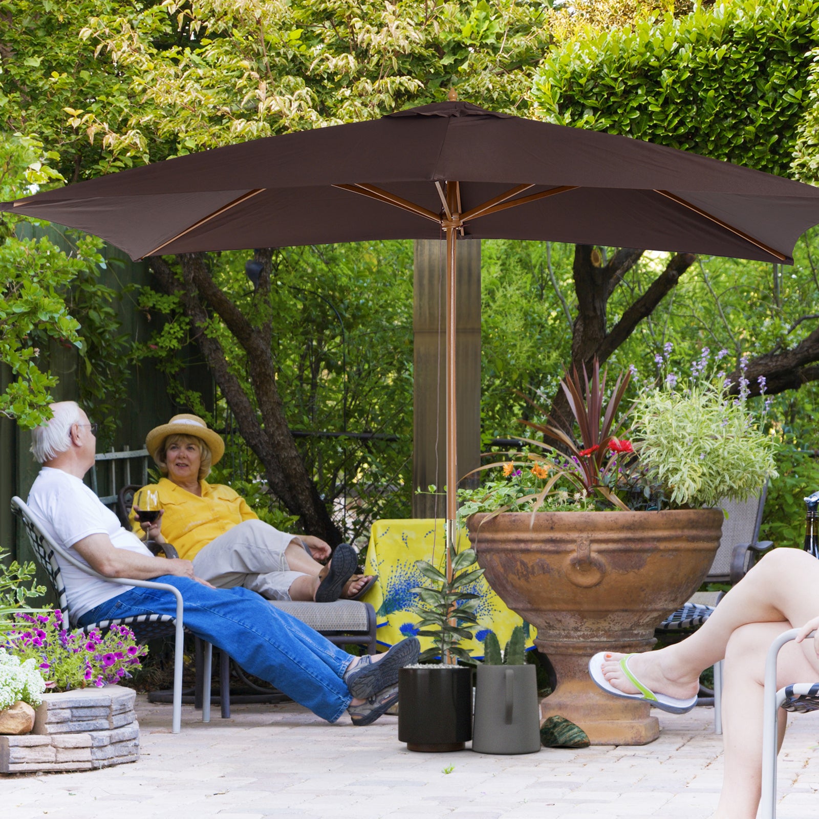 Wooden Garden Parasol Sun Shade Outdoor Umbrella Canopy | Brown