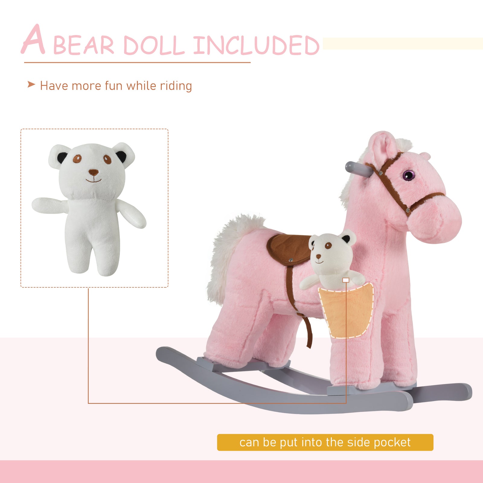 Kids Plush Ride-on Rocking Horse With Plush Toy Sound Handle Grip | Pink