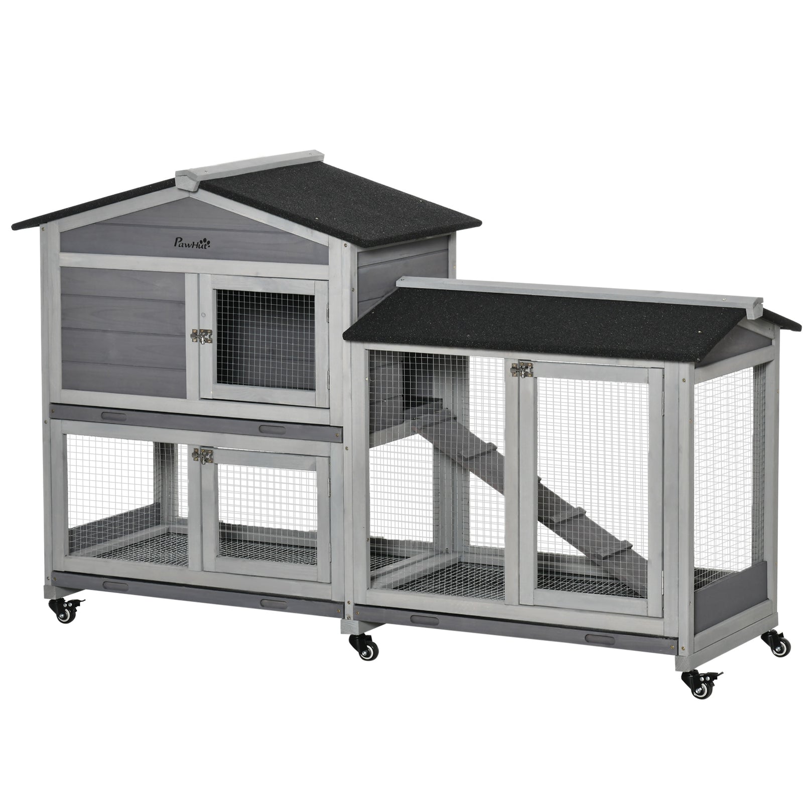 Wooden Rabbit Hutch Guinea Pig Cage W/ Wheels, Run, Ramp | Gray