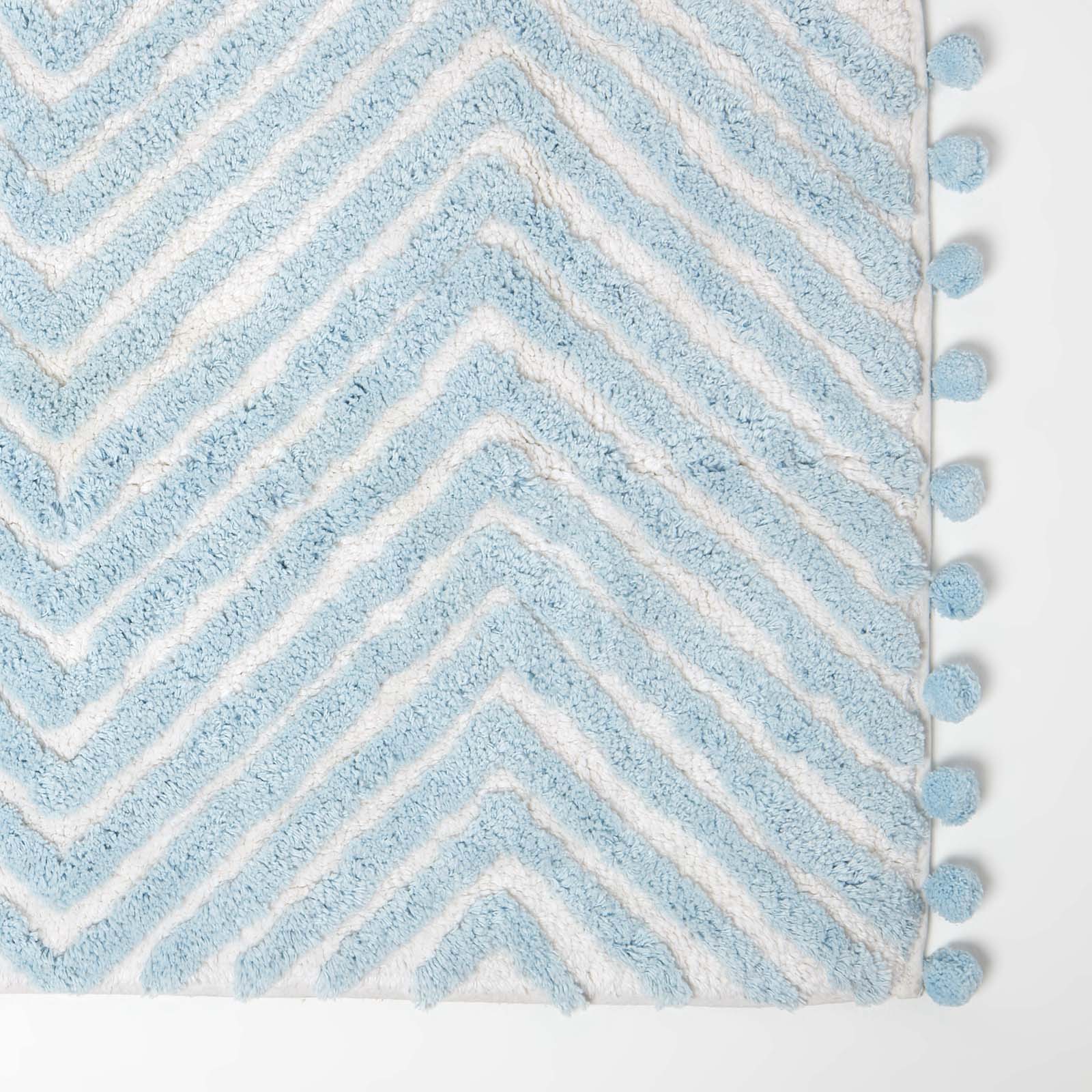 Tufted Cotton Bath Mat Zig Zag Design With Pom Poms | 50 x 80cm | Light Blue