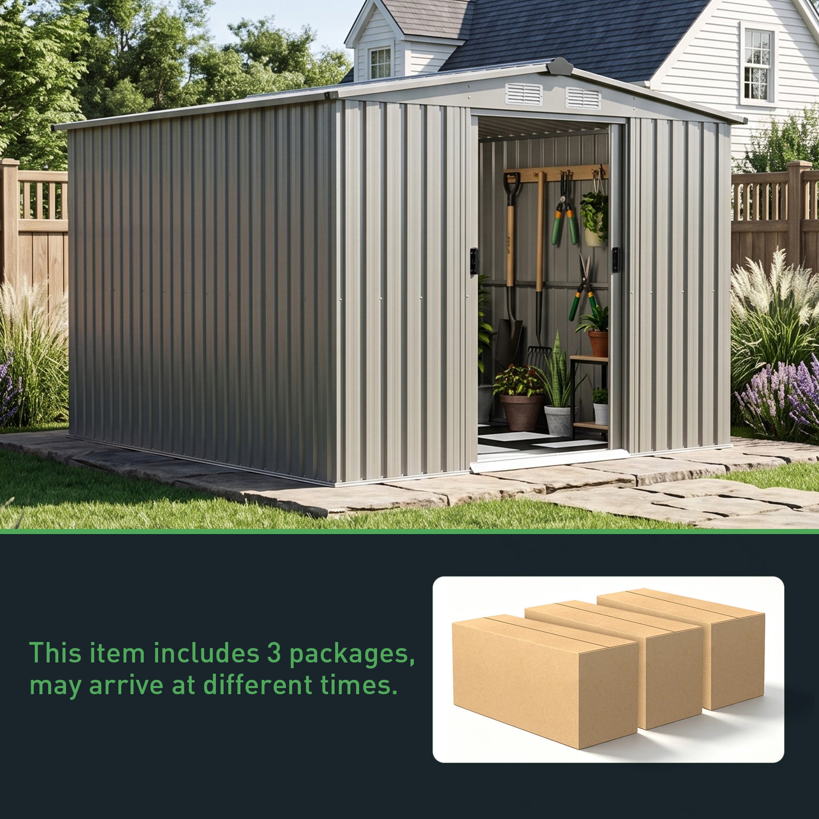 Breeins 8x8FT Apex Roof Metal Garden Storage Shed with Sliding Door