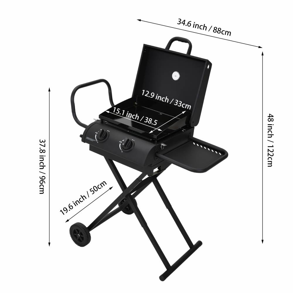 Portable 2-burner Gas Bbq Grill – Folding Trolley With Side Shelf, Thermometer, Wheels, And Outdoor Cooking Plate
