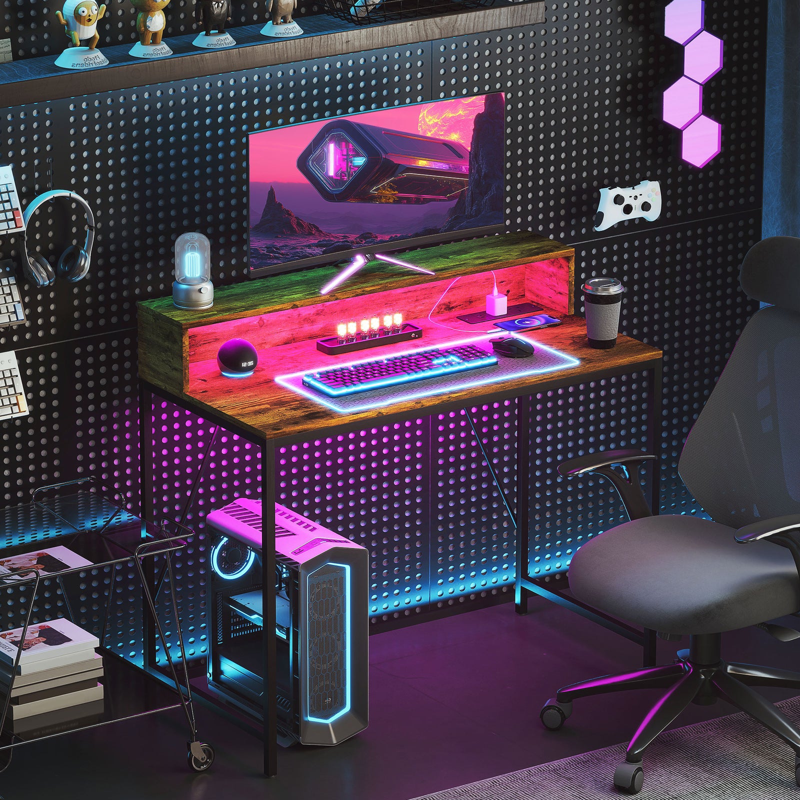 Computer Desk With Led Lights, Study Table With Shelf