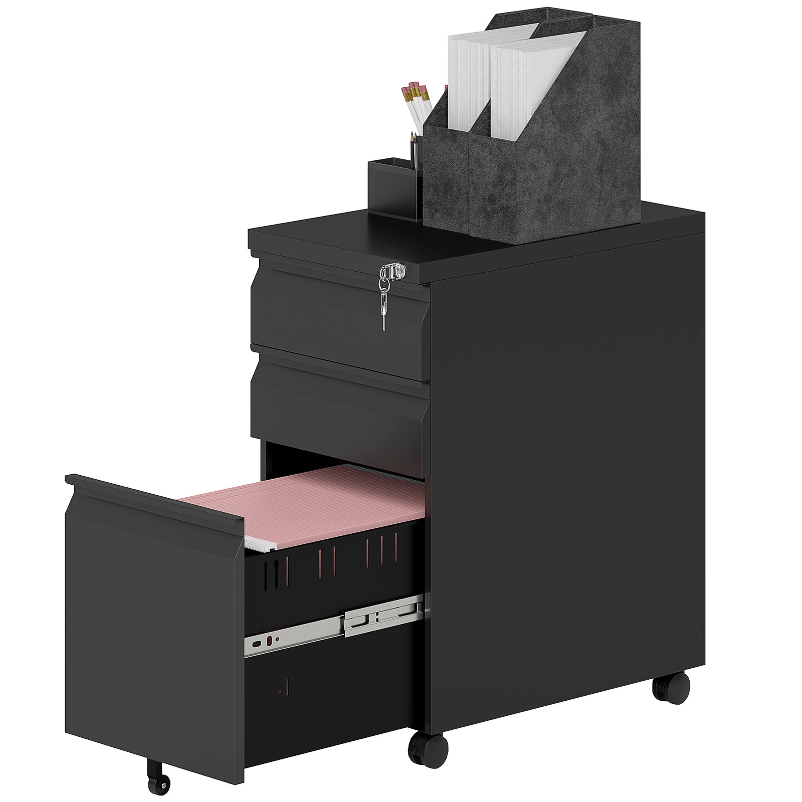 Steel File Cabinet With Lock And Wheels For Home Office | One Size | Black