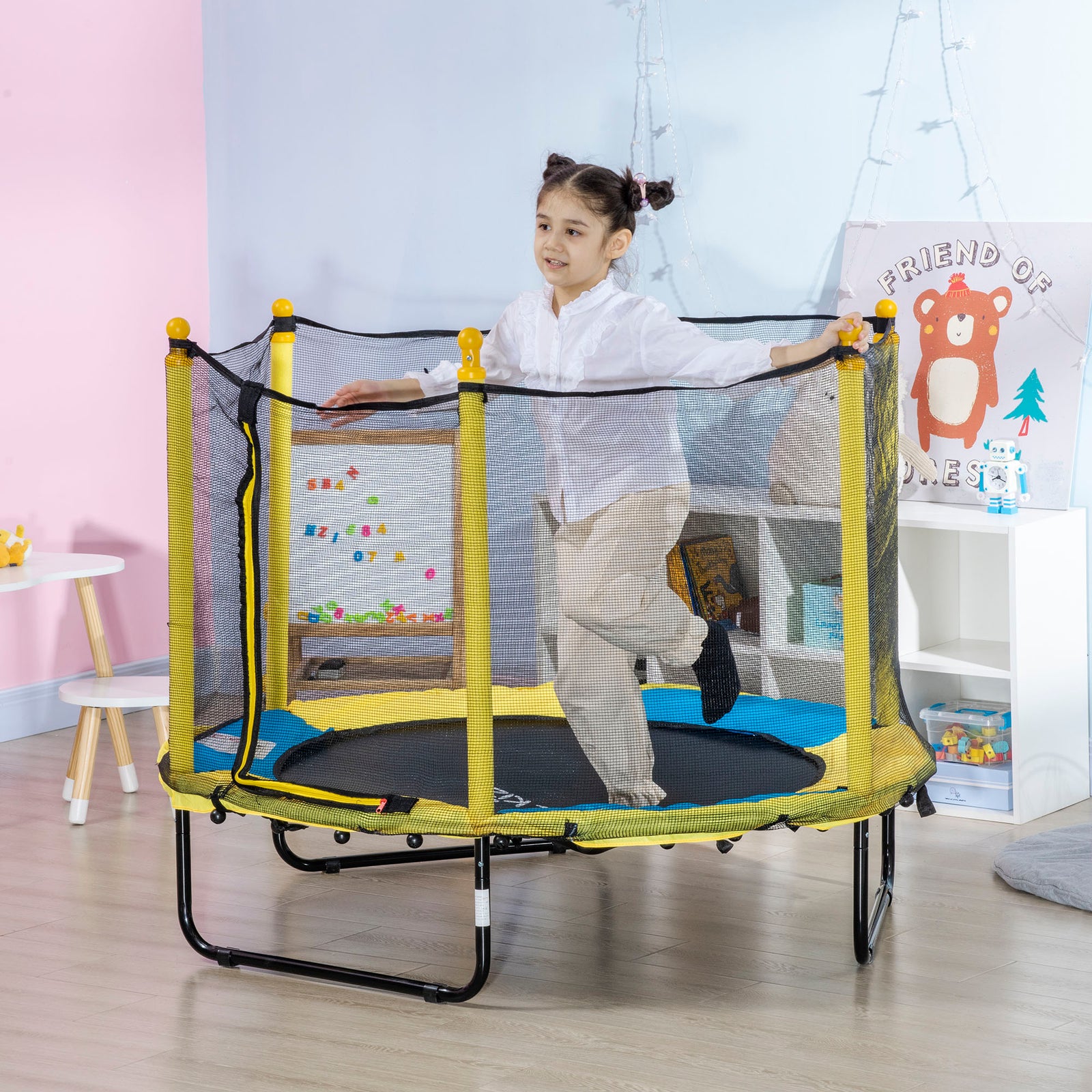 4.6ft Kids Trampoline W/ Enclosure, For Kids 3-10 Years - Yellow