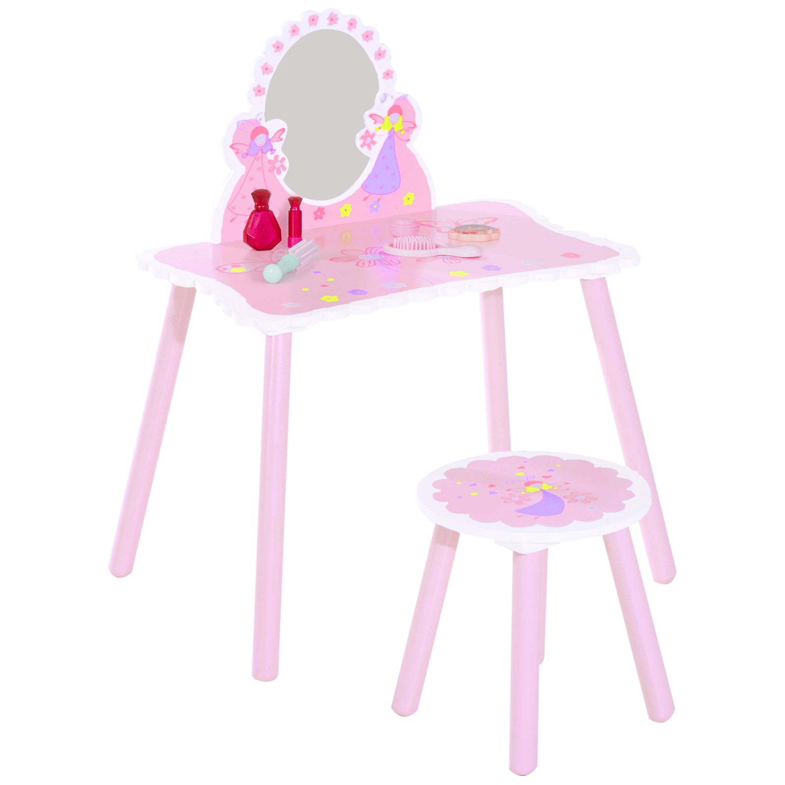 Make Up Play Set Desk Chair Mirror Girls Pink Dressing Table With Stool Mdf Pink