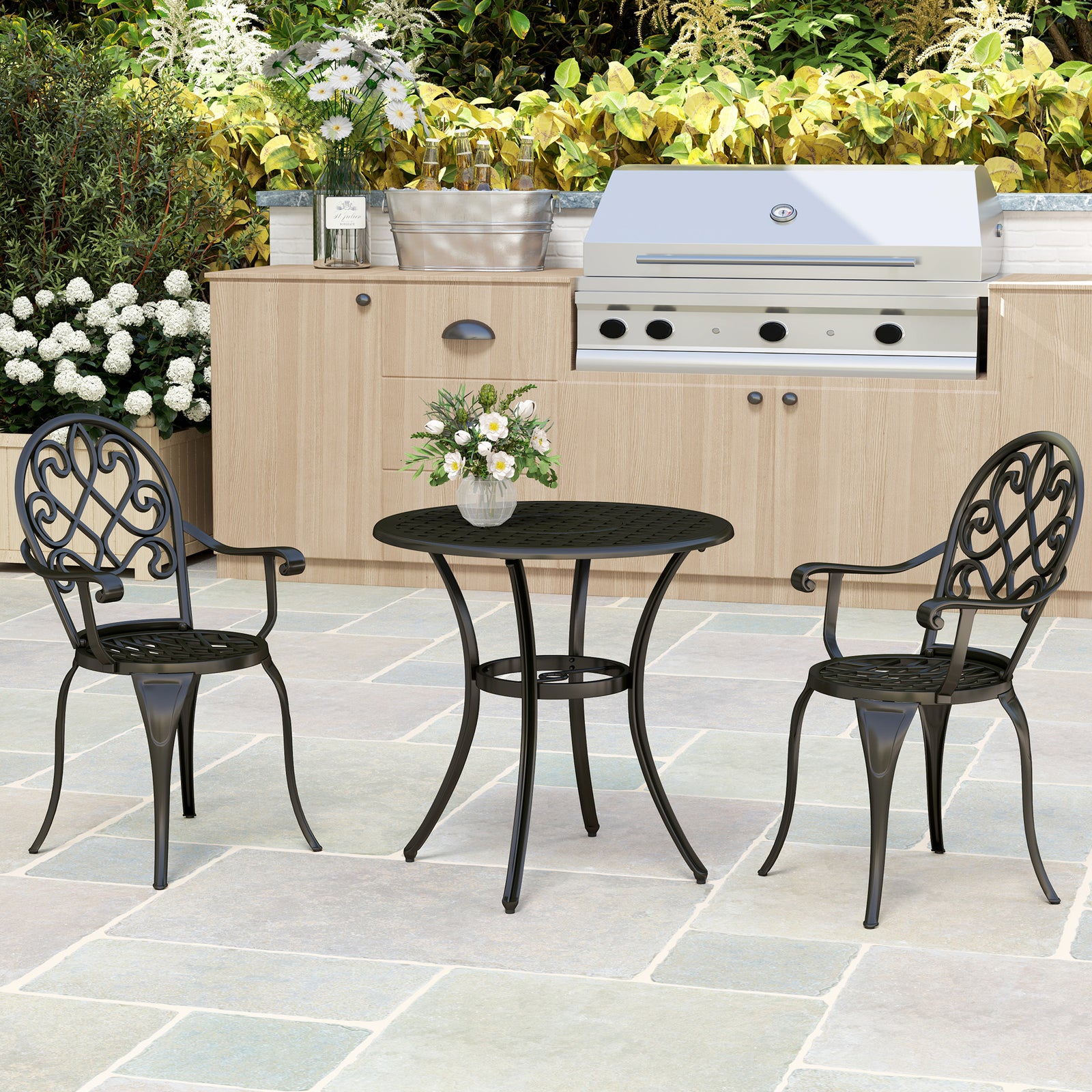 3pcs Bistro Set, Aluminium Garden Table And Chairs | Black