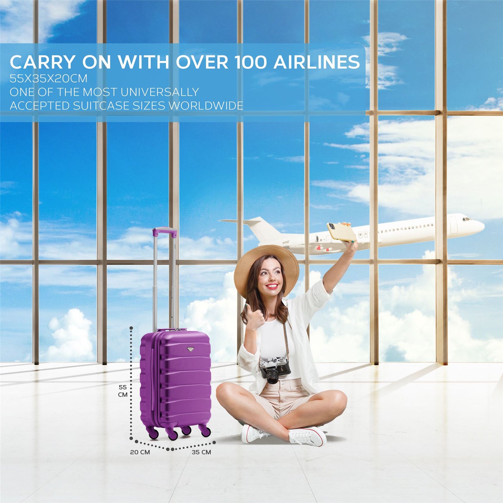 55x35x20cm Cabin Carry On Suitcase Hard Shell Overhead Luggage 100+ Airlines Approved | Cabin | Purple