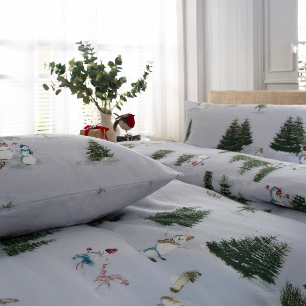Snowman Printed 100% Brushed Cotton Duvet Cover Set | King | White