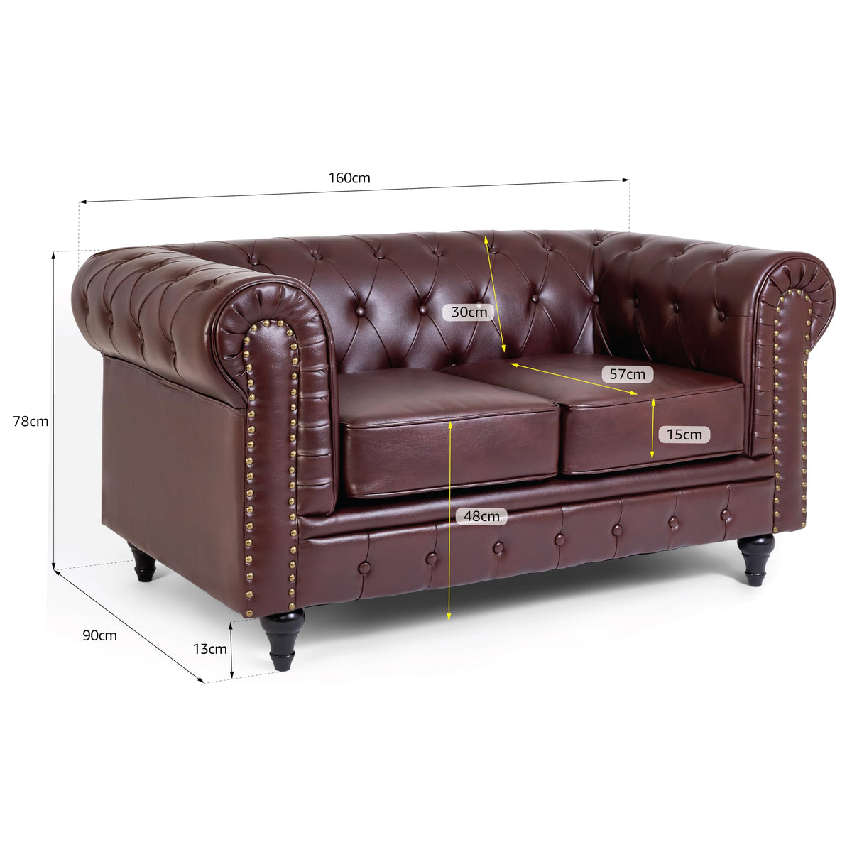 Chesterfield Scroll Arm Faux Leather Sofa 2 Seater | Brown
