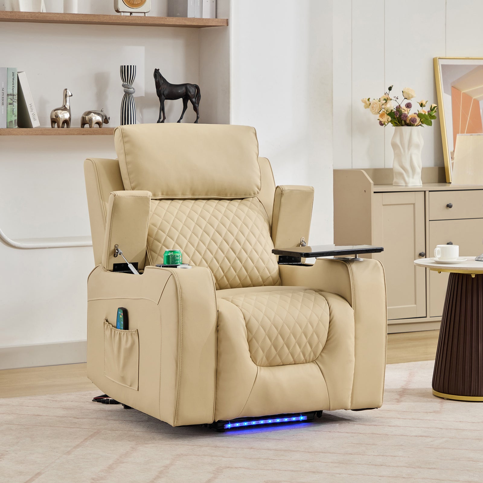 Byron Electric Riser Recliner Chair With Massage And Heat, Drink Cooler, Table | Cream