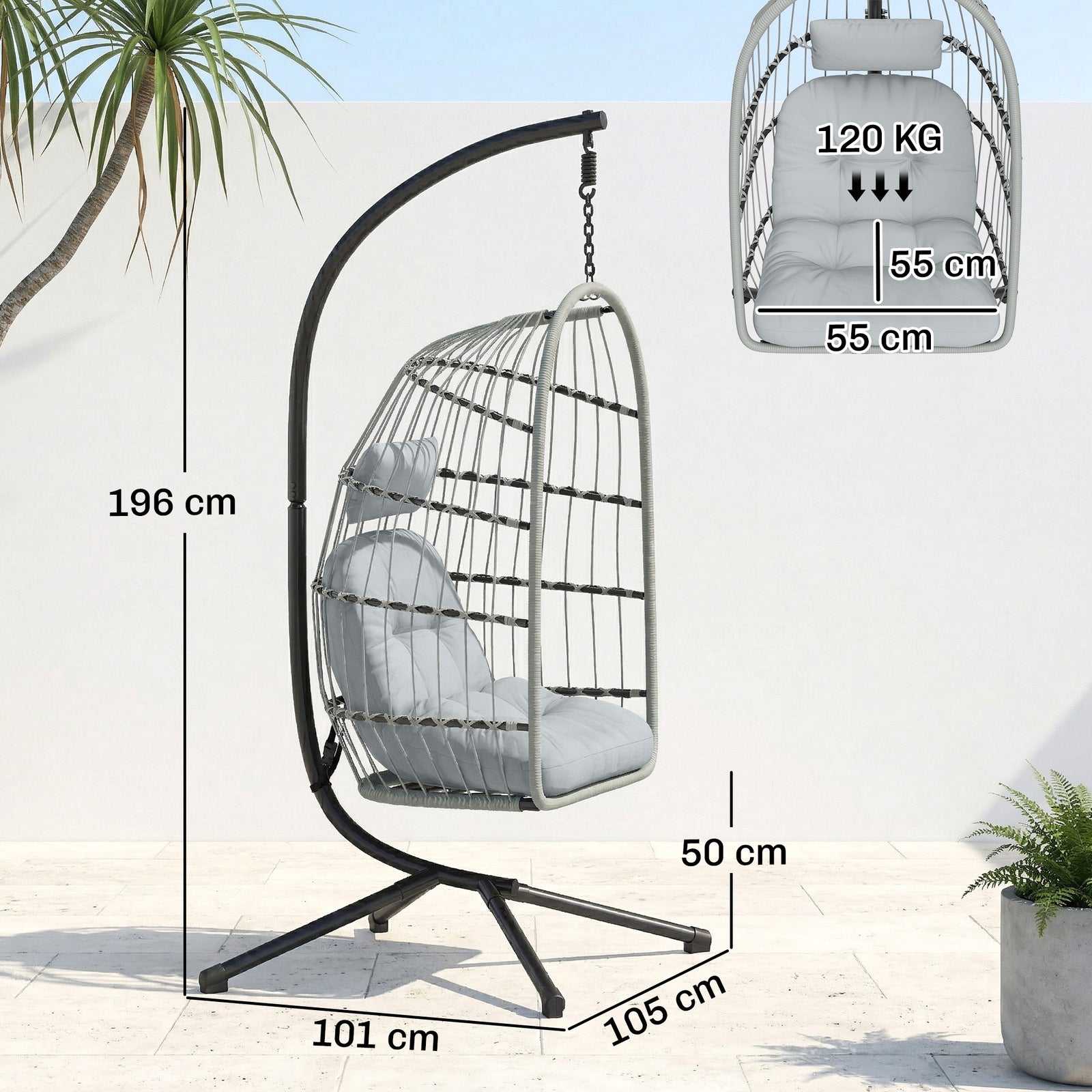 Hanging Egg Chair, Outdoor Swing Chair With Stand | Grey