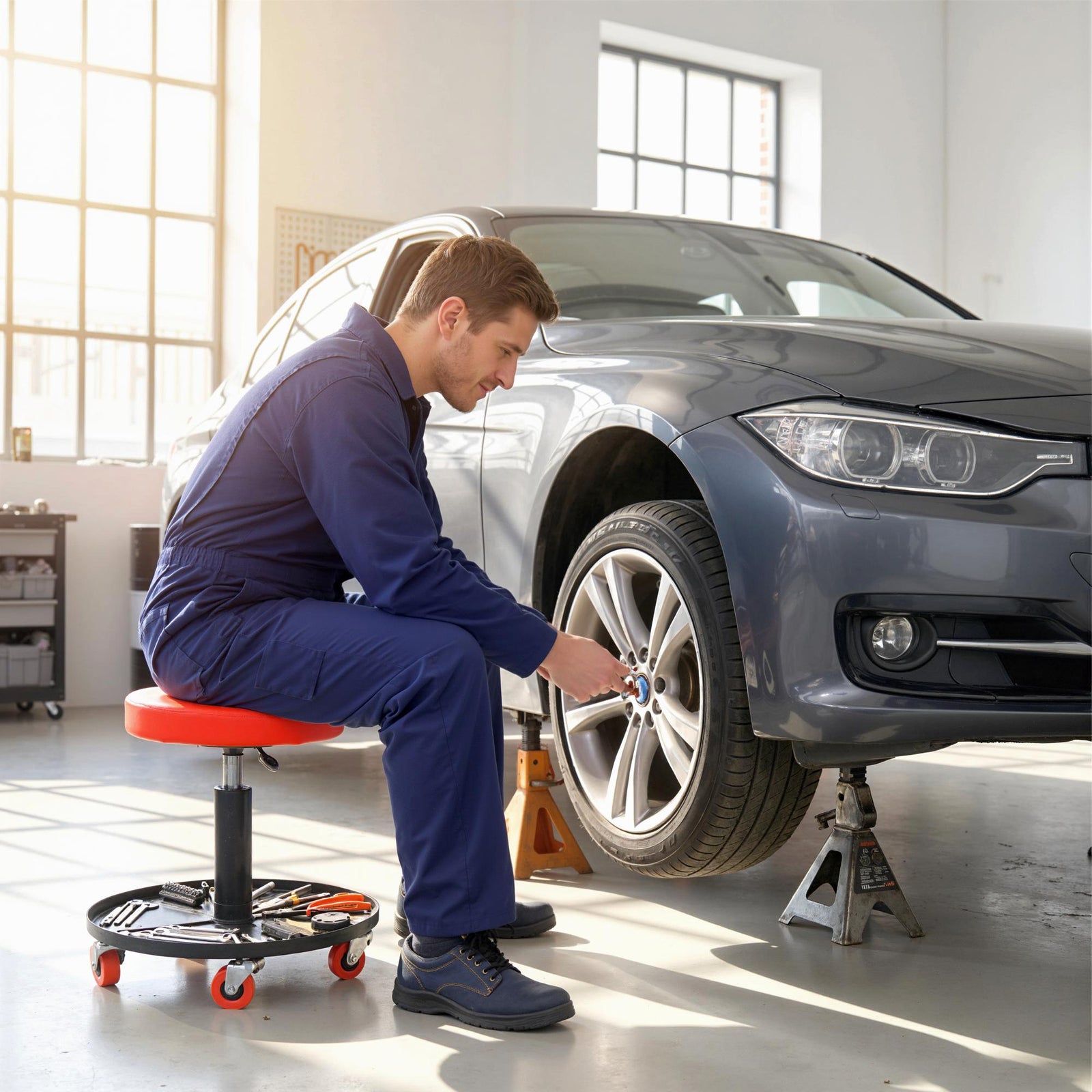 Outsunny Pneumatic Adjustable Mechanic Stool W/ Tool Tray, Wheels