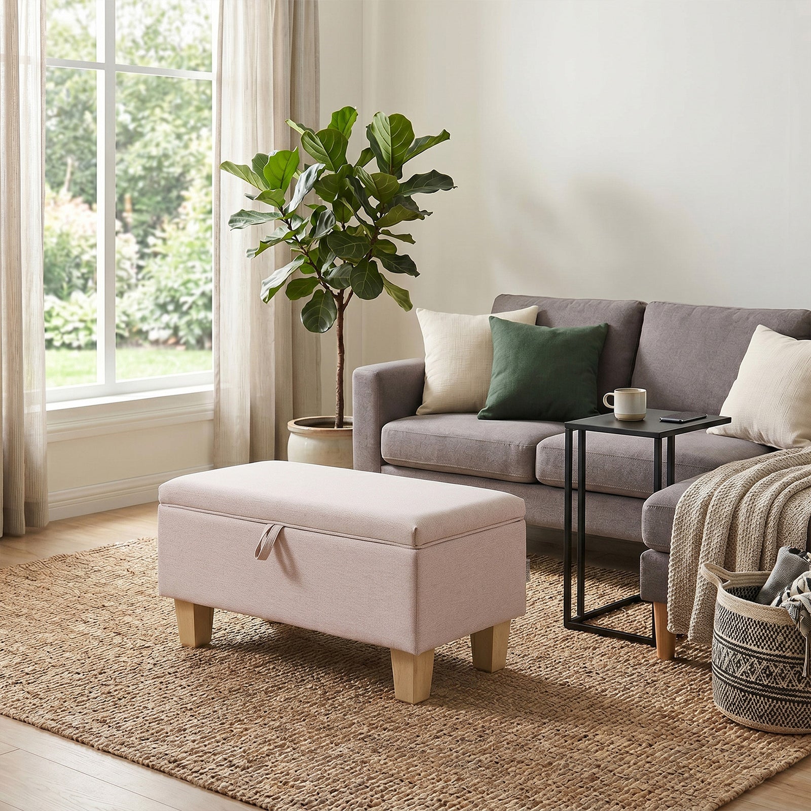 Modern Linen Upholstered Storage Bench | Pink