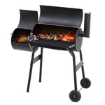 2-in-1 Charcoal Grill & Smoker Combo, Barrel BBQ with Offset Smoker, Outdoor Barbecue with Wheels, Thermometer & Side Shelf