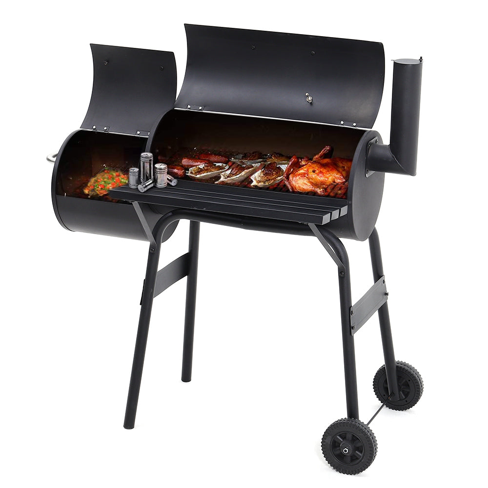 2-in-1 Charcoal Grill & Smoker Combo, Barrel BBQ with Offset Smoker, Outdoor Barbecue with Wheels, Thermometer & Side Shelf