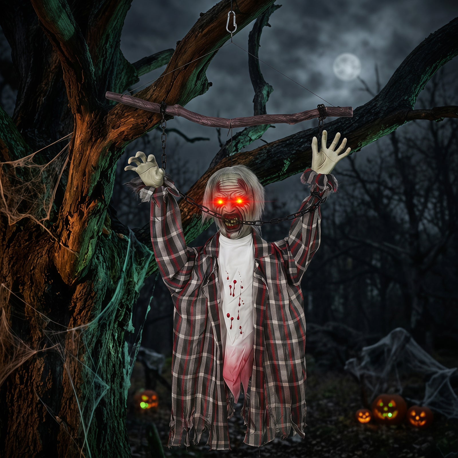 HOMCOM 43" Hanging Animated Chained Zombie Halloween Decoration For Scary Garden