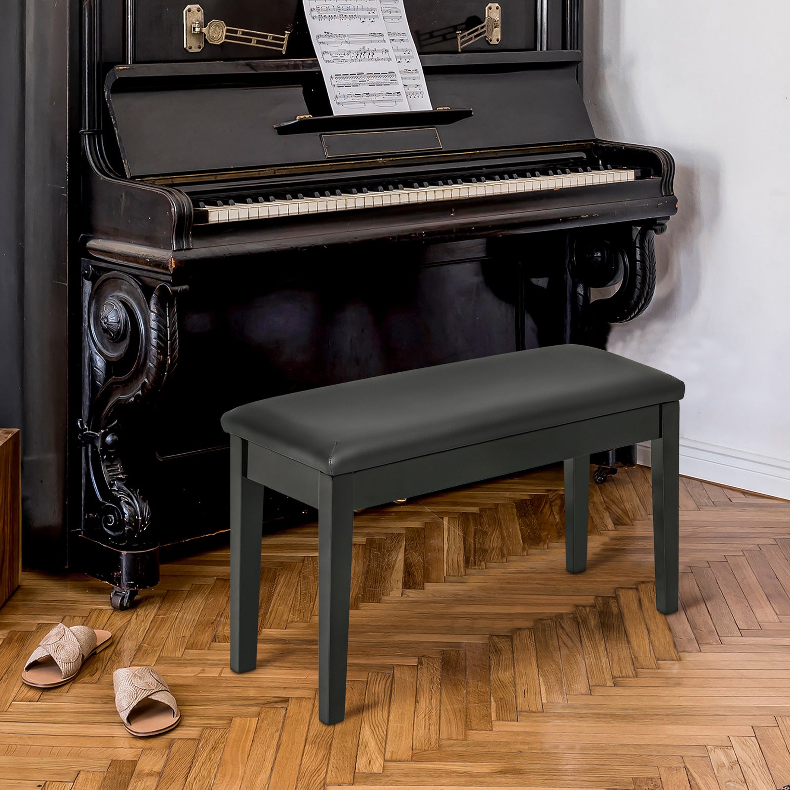 Classic Piano Bench Stool, Pu Leather Padded Keyboard Seat