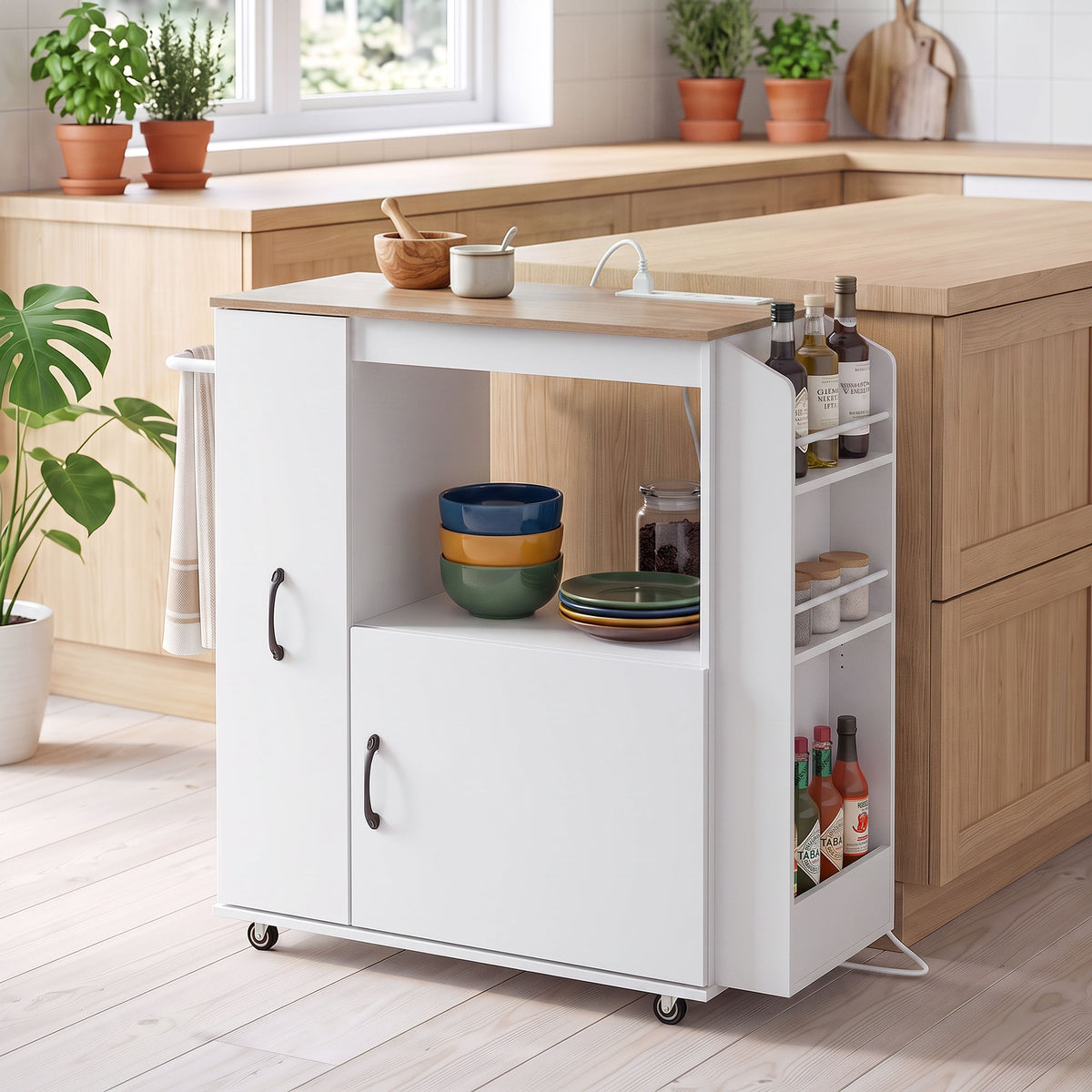 Kitchen Trolley On Wheels, Rolling Kitchen Cart With Power Outlet | White