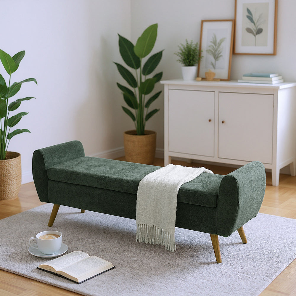 Chenille Upholstered Storage Bench – Extra Long Entryway Bench With Hidden Compartment, 153 X 46 X 54 Cm | Green