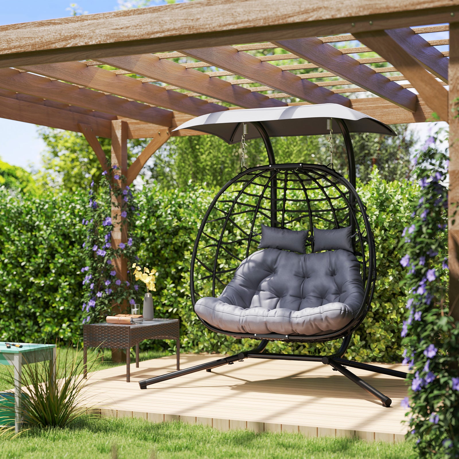 Black Double Rattan Egg Chair W/ Canopy