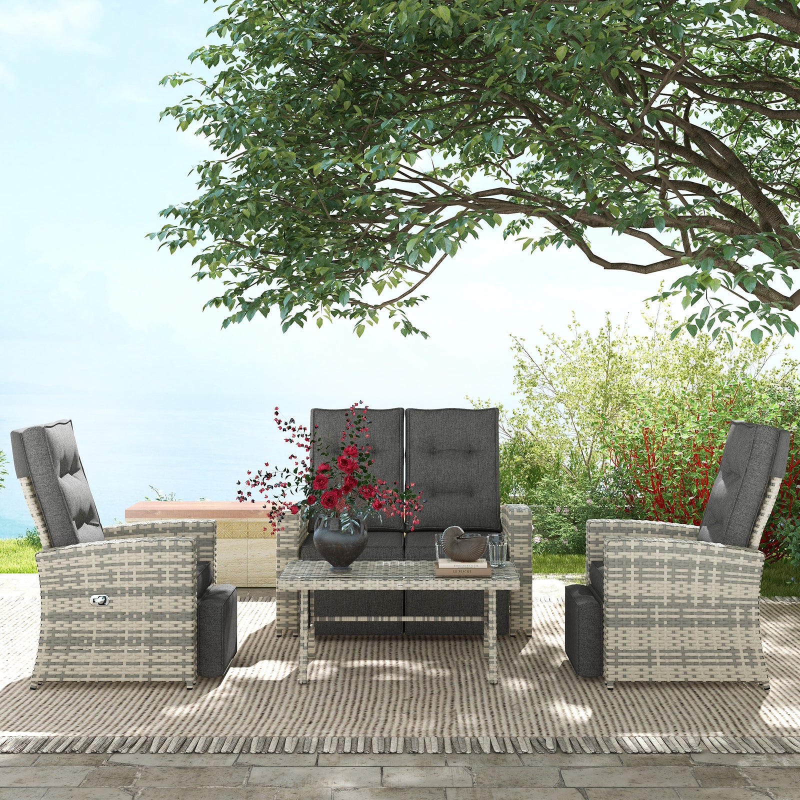 4 Piece Rattan Garden Furniture Set With Sofa, Glass Table | Light Slate Gray